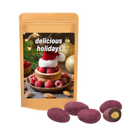 Bittersweet cocoa raspberry almonds, ca. 30g, mini stand up pouch with label