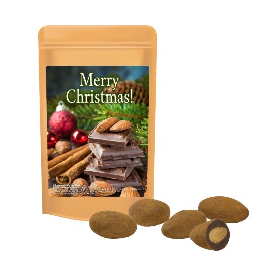 Chocolate almonds with cinnamon, ca. 30g, mini stand up pouch with label