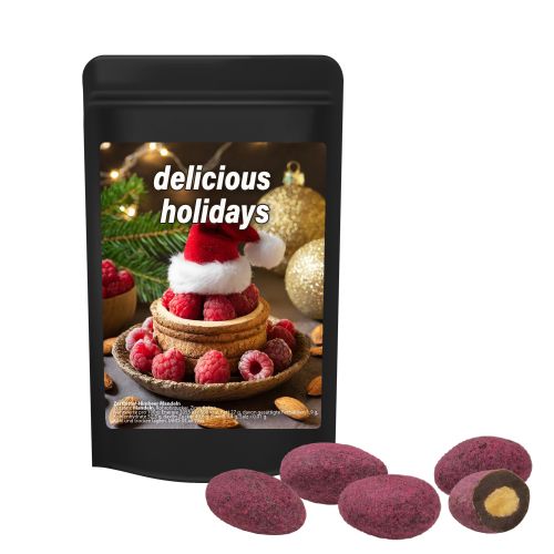 Bittersweet cocoa raspberry almonds, ca. 30g, mini stand up pouch black with label