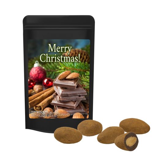 Chocolate almonds with cinnamon, ca. 30g, mini stand up pouch black with label