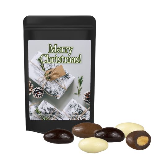 Almond chocolate trio, ca. 30g, mini stand up pouch black with label