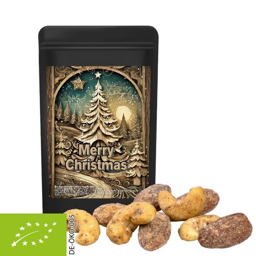 Organic cinnamon-almond vanilla-cashew mix, ca. 30g, mini stand up pouch black with label
