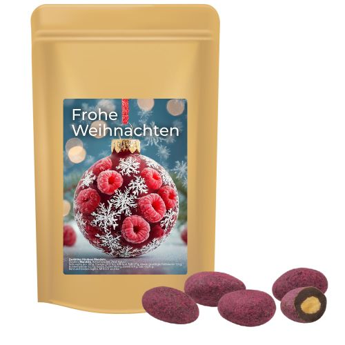 Bittersweet cocoa raspberry almonds, ca. 80g, midi stand up pouch with label