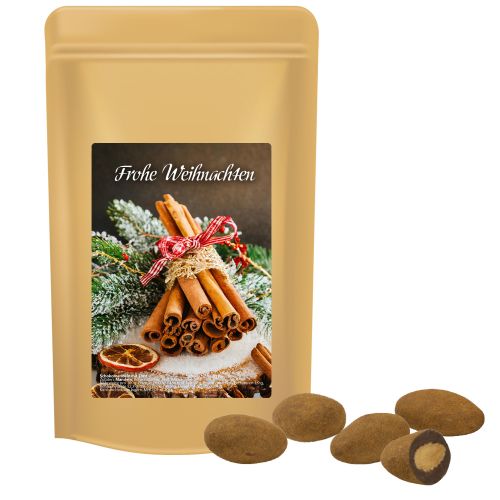 Chocolate almonds with cinnamon, ca. 80g, midi stand up pouch with label