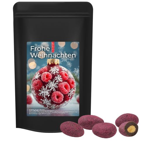 Bittersweet cocoa raspberry almonds, ca. 80g, midi stand up pouch black with label