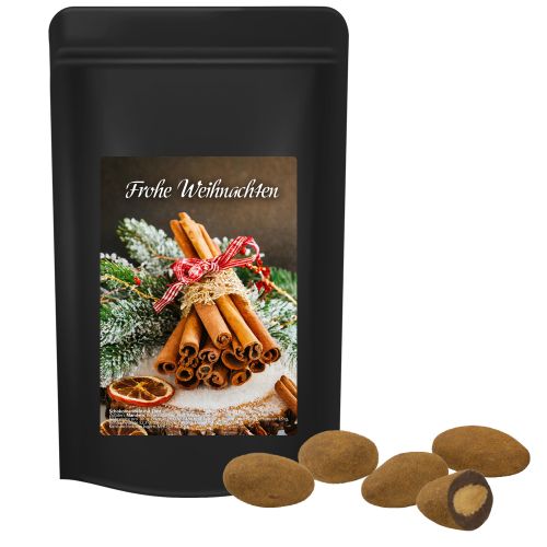 Chocolate almonds with cinnamon, ca. 80g, midi stand up pouch black with label