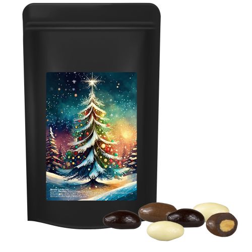 Almond chocolate trio, ca. 80g, midi stand up pouch black with label