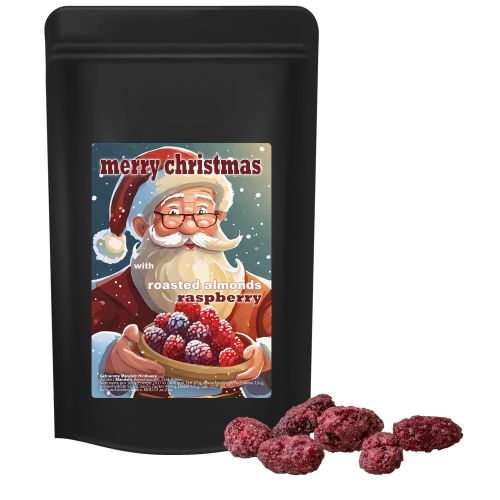 Roasted almonds raspberry, ca. 80g, midi stand up pouch black with label