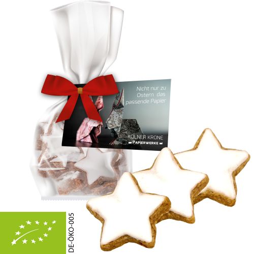 Organic cinnamon stars, ca. 50g, express mini stand up pouch with bow with advertising card
