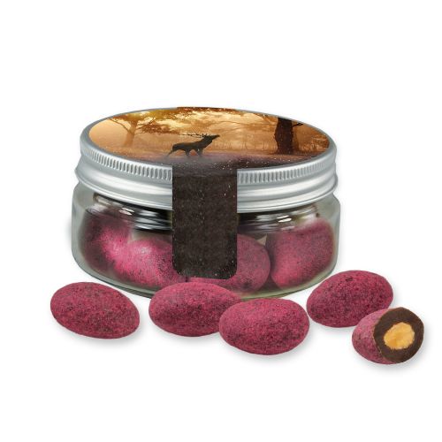 Bittersweet cocoa raspberry almonds, ca. 80g, mini sweet jar with label