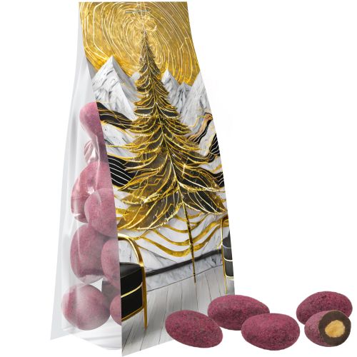 Bittersweet cocoa raspberry almonds, ca. 40g, express pouch with promotional flyer