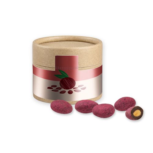 Bittersweet cocoa raspberry almonds, ca. 40g, cardboard can mini with label