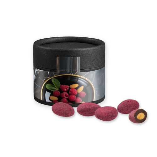 Bittersweet cocoa raspberry almonds, ca. 40g, cardboard can mini black with label