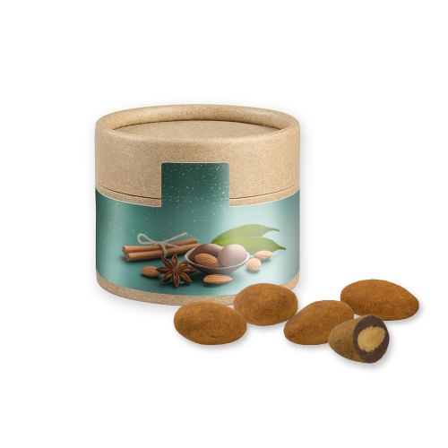 Chocolate almonds with cinnamon, ca. 40g, cardboard can mini with label