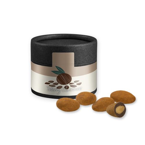 Chocolate almonds with cinnamon, ca. 40g, cardboard can mini black with label