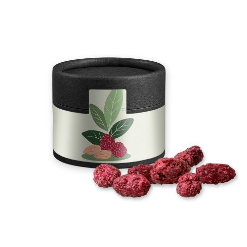 Roasted almonds raspberry, ca. 40g, cardboard can mini black with label