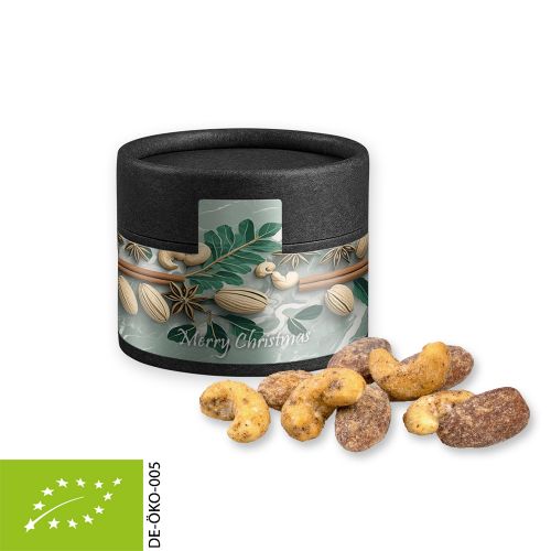 Organic cinnamon-almond vanilla-cashew mix, ca. 40g, cardboard can mini black with label