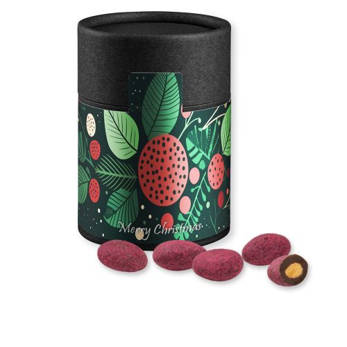 Bittersweet cocoa raspberry almonds, ca. 80g, cardboard can midi black with label