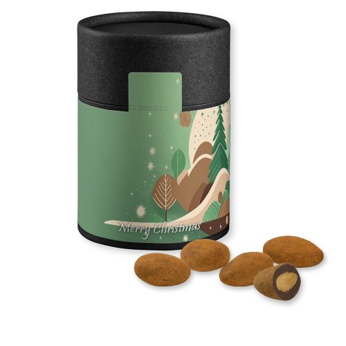 Chocolate almonds with cinnamon, ca. 80g, cardboard can midi black with label