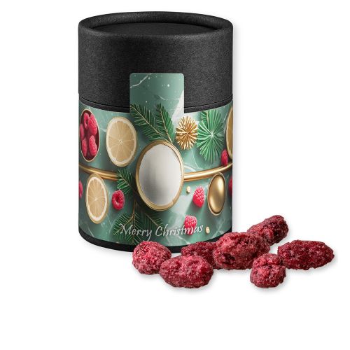 Roasted almonds raspberry, ca. 80g, cardboard can midi black with label