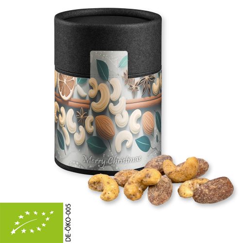 Organic cinnamon-almond vanilla-cashew mix, ca. 80g, cardboard can midi black with label
