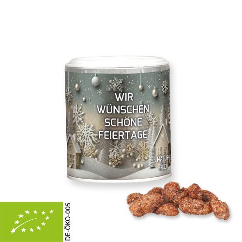 Organic burnt almonds, ca. 50g, cardboard can mini with label