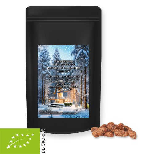 Organic burnt almonds, ca. 500g, maxi stand up pouch black with label