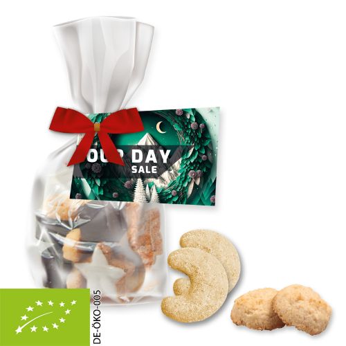 Organic Christmas biscuit mix, ca. 115g, express midi stand up pouch with bow with advertising card
