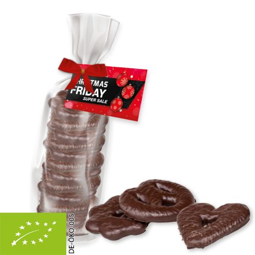 Organic gingerbread hearts-pretzels-stars, ca. 200g, express midi stand up pouch with bow with advertising card