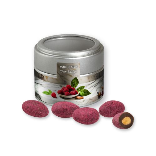 Bittersweet cocoa raspberry almonds, ca. 60g, metal tin mini silver with window with label