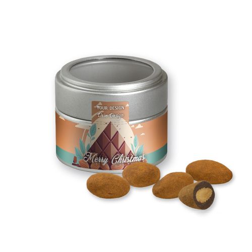 Chocolate almonds with cinnamon, ca. 60g, metal tin mini silver with window with label