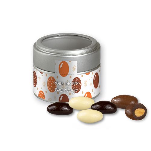 Almond chocolate trio, ca. 60g, metal tin mini silver with window with label