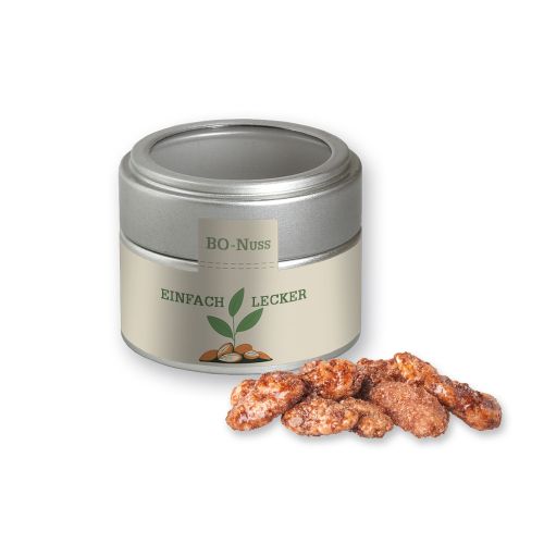 Burnt almonds, ca. 60g, metal tin mini silver with window with label