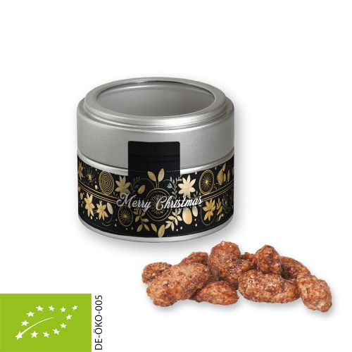 Organic burnt almonds, ca. 60g, metal tin mini silver with window with label