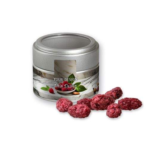 Roasted almonds raspberry, ca. 60g, metal tin mini silver with window with label