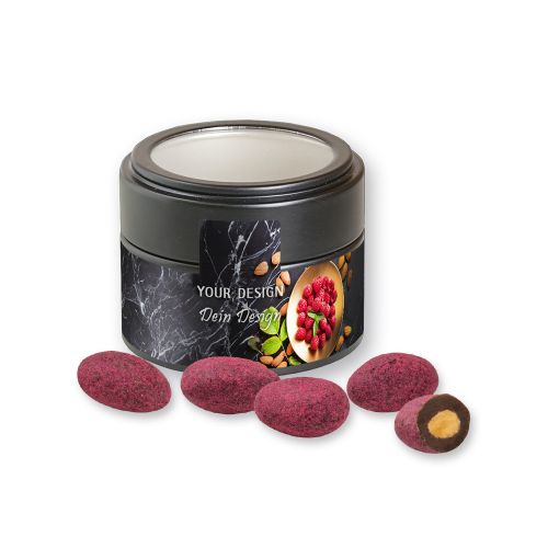 Bittersweet cocoa raspberry almonds, ca. 60g, metal tin mini black with window with label