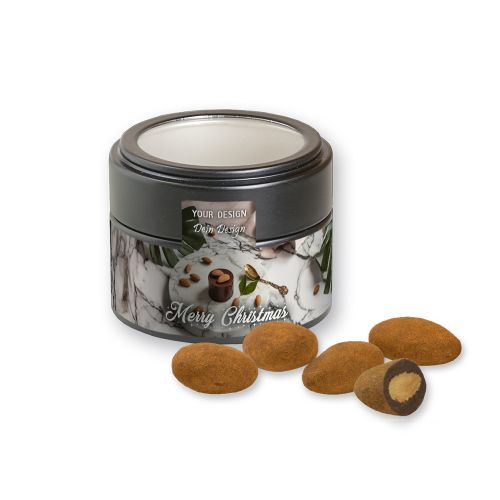 Chocolate almonds with cinnamon, ca. 60g, metal tin mini black with window with label