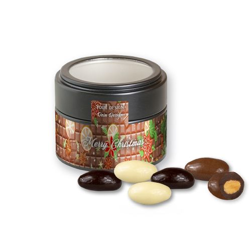 Almond chocolate trio, ca. 60g, metal tin mini black with window with label