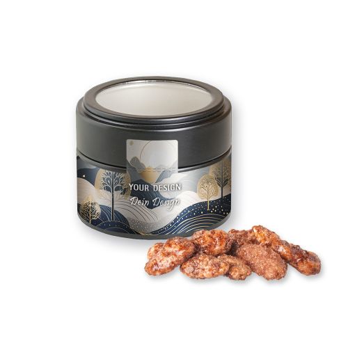 Burnt almonds, ca. 60g, metal tin mini black with window with label