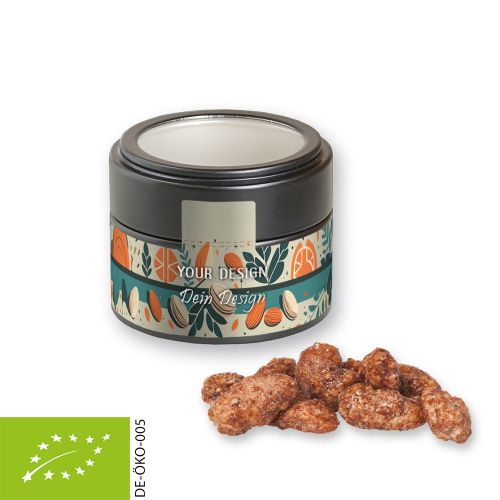 Organic burnt almonds, ca. 60g, metal tin mini black with window with label