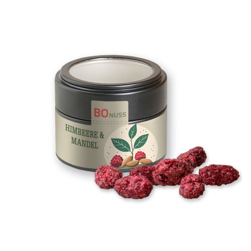 Roasted almonds raspberry, ca. 60g, metal tin mini black with window with label