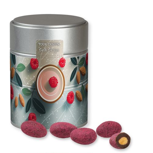 Bittersweet cocoa raspberry almonds, ca. 100g, metal tin midi silver with label