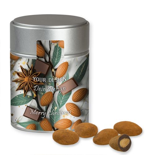 Chocolate almonds with cinnamon, ca. 100g, metal tin midi silver with label