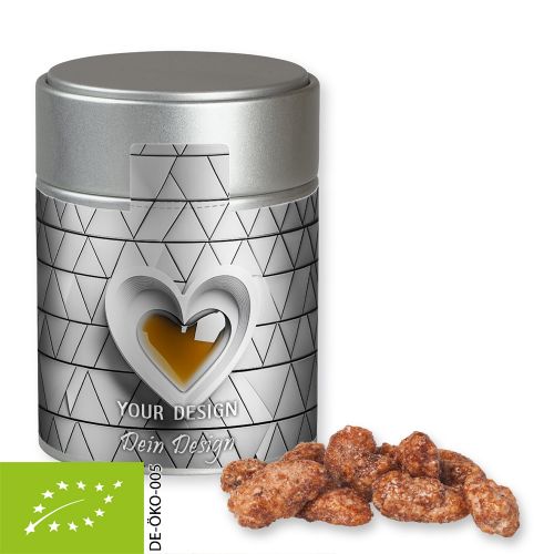 Organic burnt almonds, ca. 100g, metal tin midi silver with label