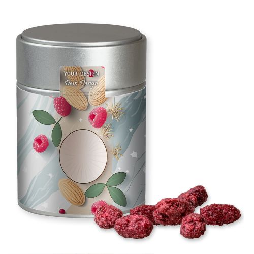 Roasted almonds raspberry, ca. 100g, metal tin midi silver with label