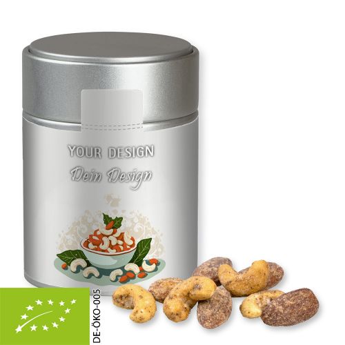 Organic cinnamon-almond vanilla-cashew mix, ca. 100g, metal tin midi silver with label