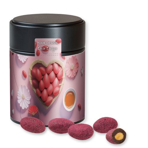 Bittersweet cocoa raspberry almonds, ca. 100g, metal tin midi black with label