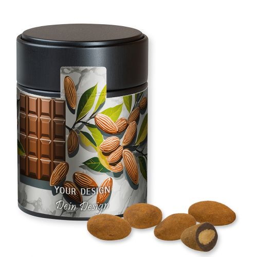 Chocolate almonds with cinnamon, ca. 100g, metal tin midi black with label