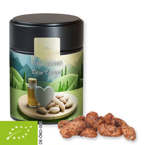 Organic burnt almonds, ca. 100g, metal tin midi black with label