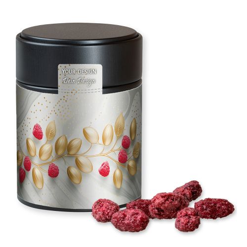 Roasted almonds raspberry, ca. 100g, metal tin midi black with label